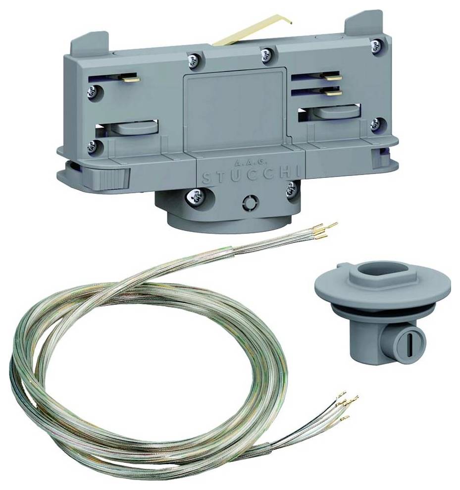 Ein grauer hydraulischer Schnellkuppler mit mehreren Anschlussanschlüssen, begleitet von aufgewickelten Kabeln und einem separaten Stecker.