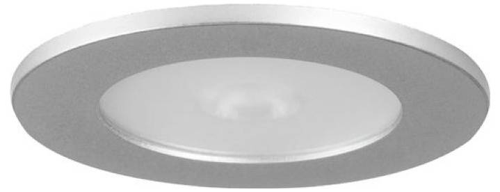 Rundes, bündiges Deckenleuchten-Einbaugehäuse mit metallischem grauem Rand und mattiertem Mittelpanel.