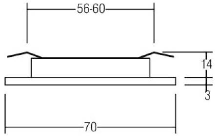 Technische Maßzeichnung eines gestuften Teils, die eine Breite von 70, eine obere Spannweite von 56-60 und Höhenabmessungen von 14 und 3 zeigt.
