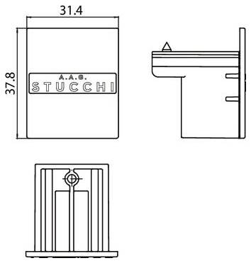 Technische Strichzeichnung einer wandmontierten Toilette in Front-, Seiten- und Draufsicht mit Abmessungen 31,4 und 37,8, beschriftet mit 'A.A.G. STUCCHI'.