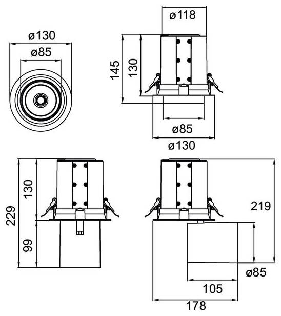 Technische Maßstabszeichnung eines zylindrischen Bauteils mit vier Ansichten, die Durchmesser ø118, ø130, ø85 und Höhen 145, 130, 229, 219, 178, 105 und 99 zeigt.