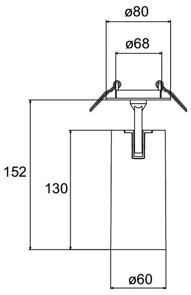 Technische Maßstabszeichnung einer zylindrischen Vorrichtung: ø80 oben, ø68 innere Öffnung, ø60 Basis, Gesamthöhe 152, Körperhöhe 130.