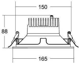 Technische Zeichnung einer rechteckigen elektronischen Komponente mit Rippen und Seitenklemmen, die Abmessungen von 150 mm Breite, 165 mm Basisbreite und 88 mm Höhe zeigt.