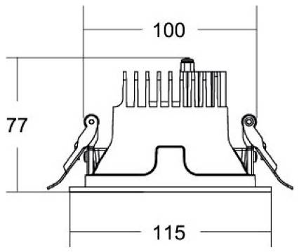 Technische Zeichnung einer Komponente mit den Abmessungen 100, 77 und 115, die Seitenklinken und obere Rippen zeigt.