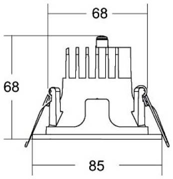 Technische Zeichnung einer mechanischen Komponente mit den Abmessungen 68 × 68 und 85, die seitliche Verriegelungen und obere Anschlüsse zeigt.