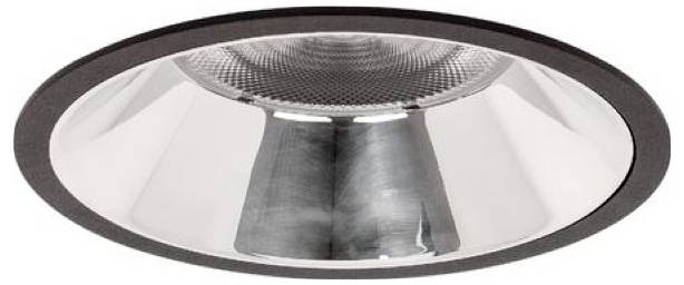 Konische Einbauleuchte für die Decke mit reflektierendem Silberinnenraum und schwarzem Trimring.