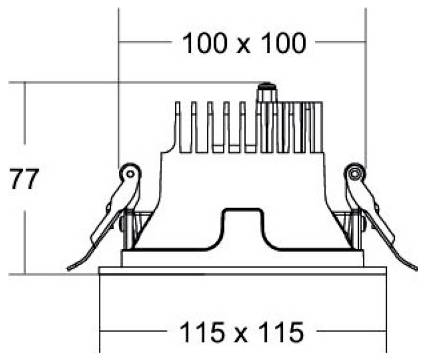 Technische Zeichnung eines quadratischen elektronischen Bauteils mit Befestigungsclips, bezeichnet mit 100 x 100 oben, 115 x 115 Basis und 77 Höhe.