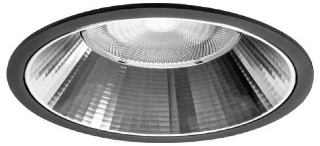 Nahaufnahme einer runden, eingelassenen Deckenleuchte mit reflektierendem Silberinneren und schwarzem Rand.