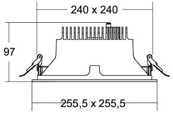 Technische Zeichnung einer quadratischen elektronischen Komponente mit Abmessungen 240 x 240, 255,5 x 255,5 und Höhe 97 mit Befestigungsclips auf beiden Seiten.