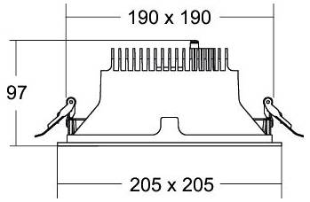Technische Zeichnung einer quadratischen elektrischen Komponente mit Kühlrippen und Seitenklemmen, beschriftet mit 190 x 190 oben, 205 x 205 an der Basis und 97 hoch.