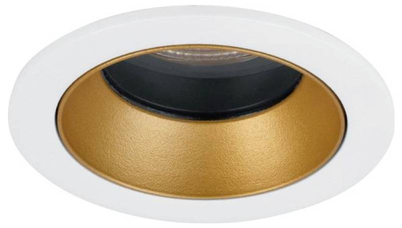 Runde, versenkte Deckenleuchte mit weißem Rand und goldenem Reflektor, unangezündet dargestellt.