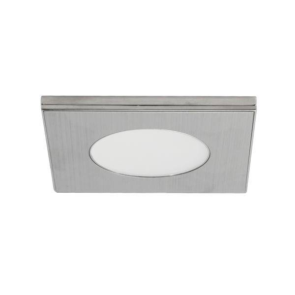 Gebürstetes Metallrechteck-Panel mit einer zentrierten ovalen weißen Einfügung, gezeigt vor weißem Hintergrund.