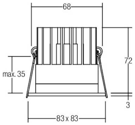 Technische Maßzeichnung eines Stuhles oder Hockers, Vorderansicht mit Abmessungen: 68 breit, 72 hoch, max. 35, Basis 83 x 83.