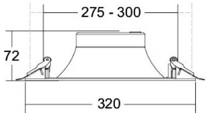 Technische Abmessungszeichnung einer zentrierten Vorrichtung mit einer Breite von 320, einer oberen Breite von 275-300 und einer Höhe von 72 mit seitlichen Befestigungswinkeln.