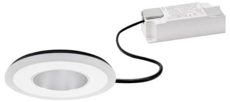 Eingebaute LED-Downlight-Leuchte, die über ein Kabel mit einem rechteckigen Treibergehäuse verbunden ist, dargestellt als Produktbild auf weißem Hintergrund.
