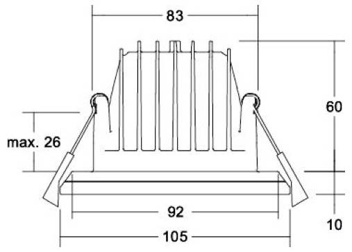 Technische Strichzeichnung einer vorderen Stuhl- oder Sitzkomponente mit gekennzeichneten Abmessungen: 83 Breite oben, 92 und 105 Basisbreiten, 60 Höhe, 10 Bodenversatz und max. 26 Seitenwinkel.