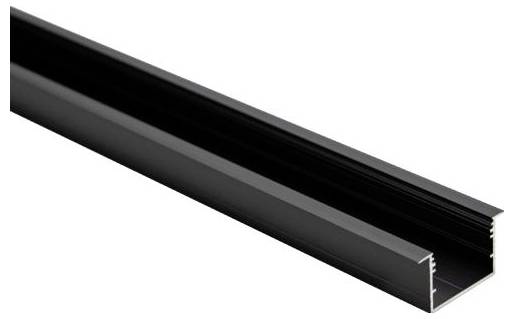 Ein schwarzes, rechteckiges Metallprofil mit einem offenen Schlitz oben, häufig verwendet zur Aufnahme von LED-Lichtstreifen oder Kabeln.