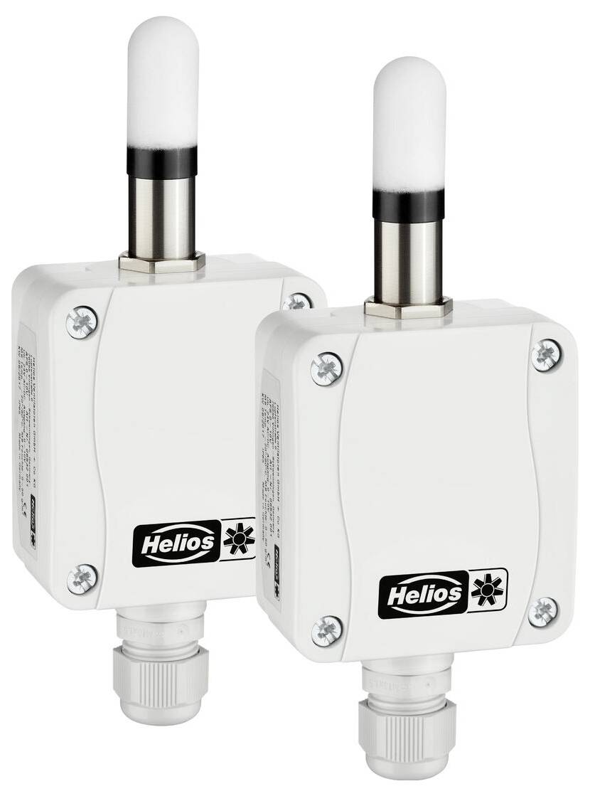 Zwei weiße Geräte der Marke Helios mit Antennen, vermutlich drahtlose Sensoren, mit Schraubhalterungen und Steckverbindern an der Unterseite zur Installation.