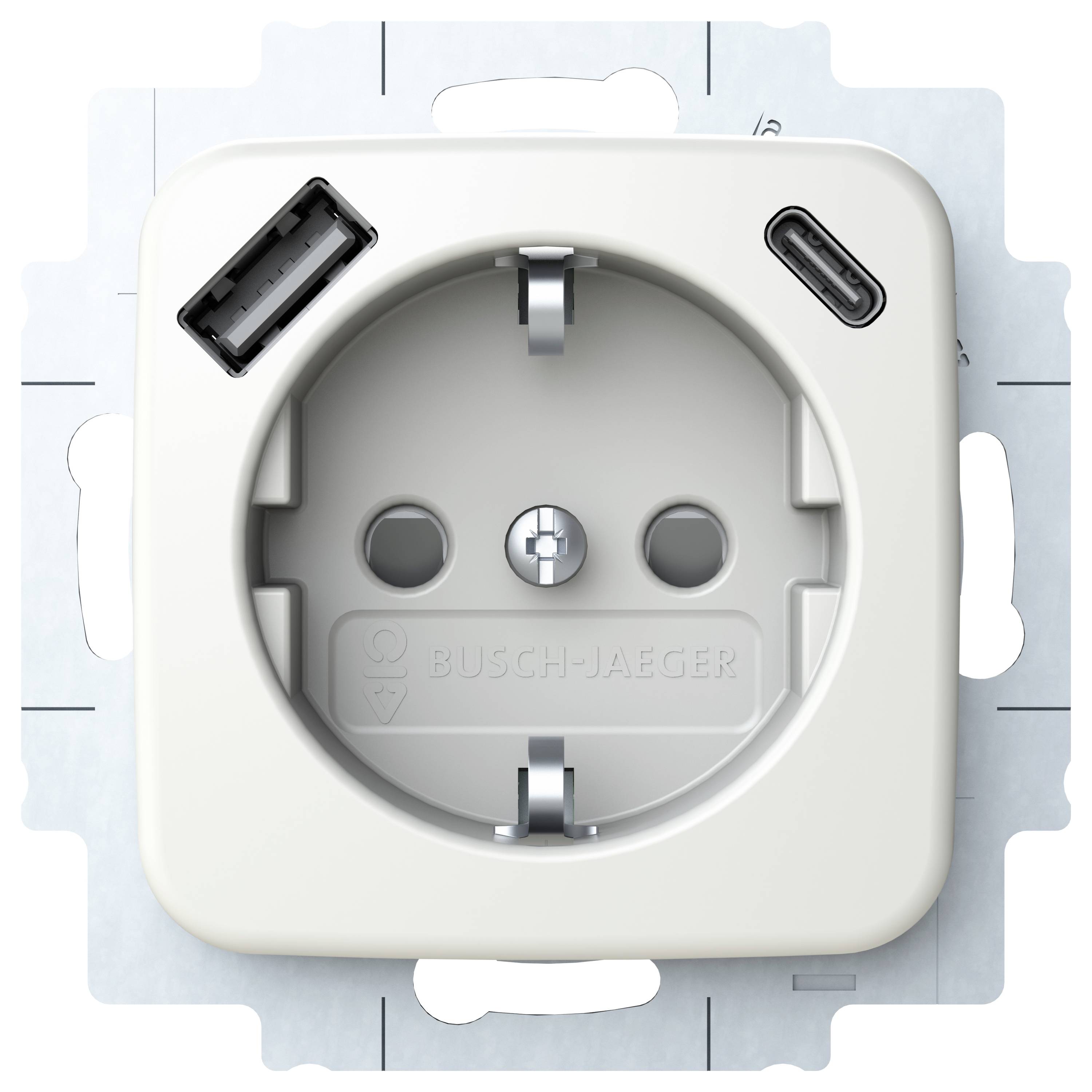 Elektrische Wandsteckdose mit integrierten USB-A- und USB-C-Anschlüssen, die das gleichzeitige Laden von Geräten ohne Adapter ermöglicht.
