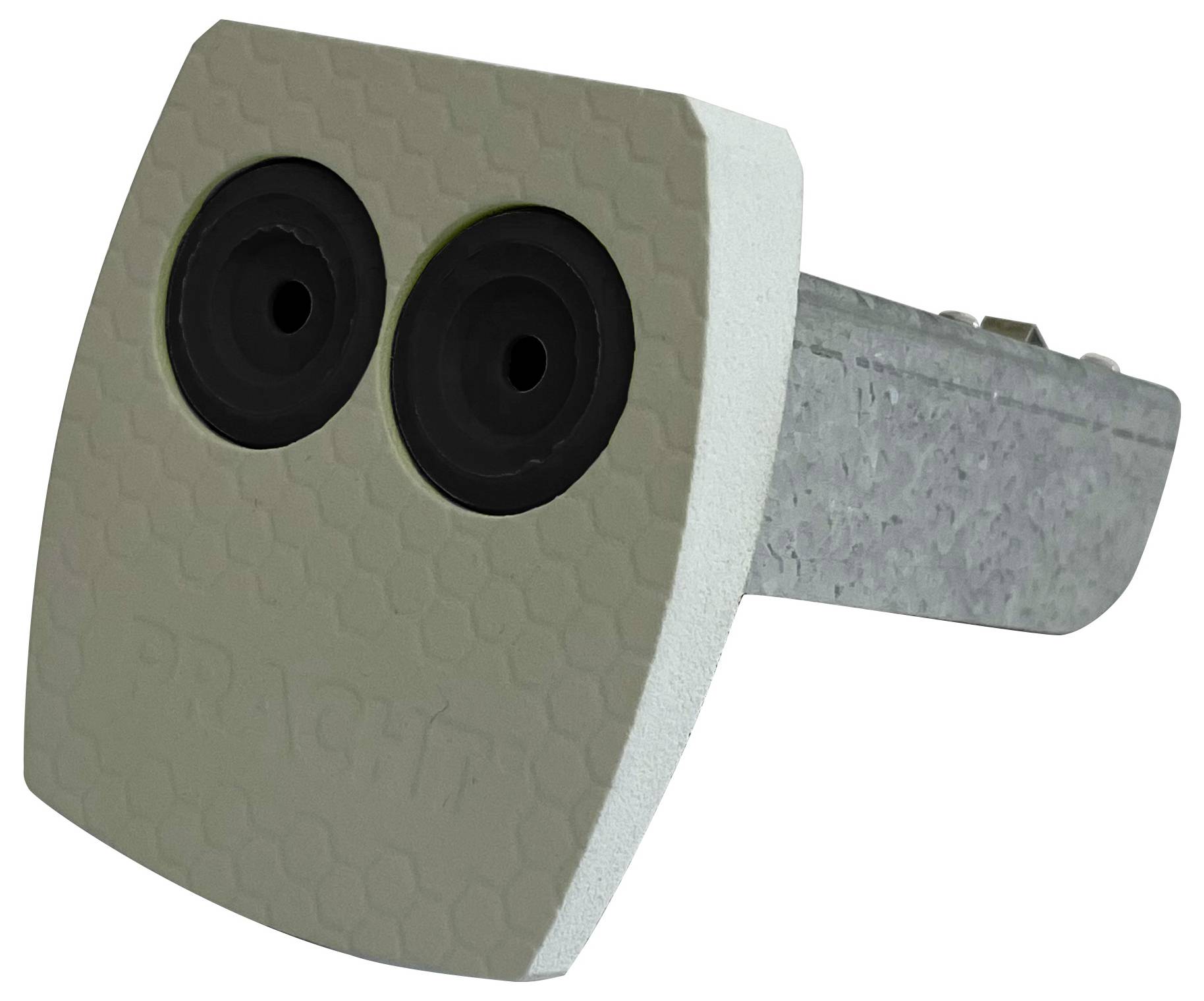 Ein beiges, sechseckig gemustertes Objekt mit zwei kreisförmigen schwarzen Merkmalen auf einem Metallstiel, das einem Eulengesicht ähnelt.
