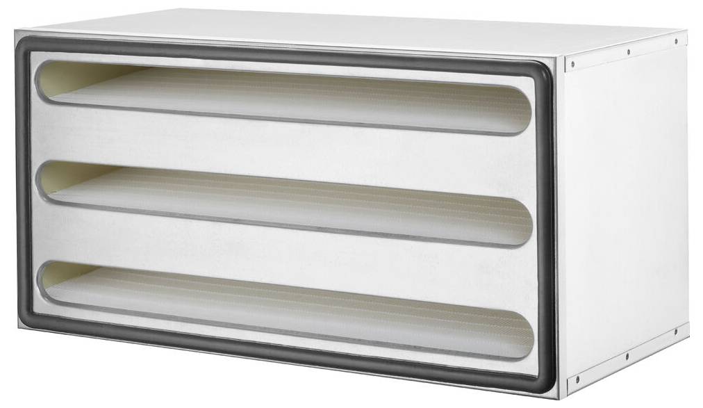 Eine rechteckige weiße belüftete Luftfilterungseinheit mit drei Schlitzen für die Luftströmung, entwickelt für HVAC-Systeme.