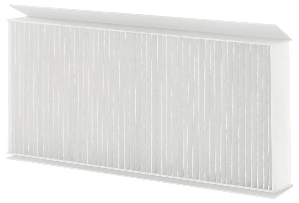 Ein weißes rechteckiges Luftfilter mit vertikalen Falten, das zur Luftreinigung in HVAC-Systemen oder Luftreinigern verwendet wird.