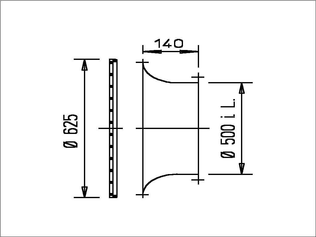Technische Zeichnung eines Rohrreduziers/Kanalverstärkungsstücks mit Abmessungen: 625 mm Durchmesser, 500 mm Durchmesser und 140 mm Länge.