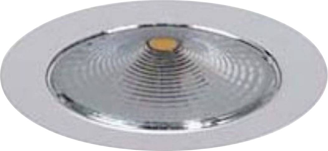 Eingebaute Deckenleuchte mit kreisförmigem Rillenreflektor und kleiner bernsteinfarbener Mittelpunktlampe.
