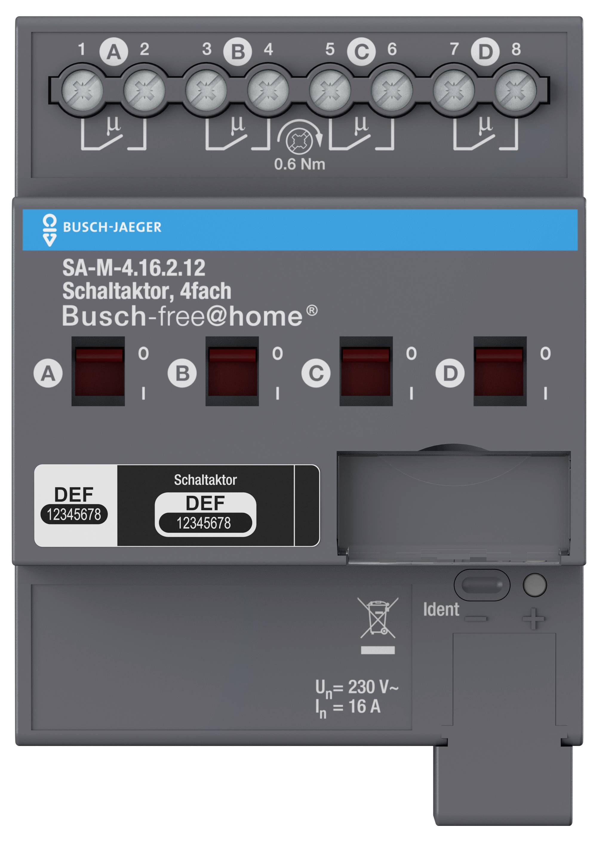 'Busch-Jaeger SA-M-4.16.2.12' Vierkanal-Aktor mit beschrifteten Anschlüssen und Anzeigeschlitzen, Teil des 'Busch-free@home' Systems.