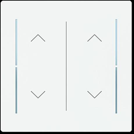 Ein weißes Wandpaneel mit zwei vertikalen Tasten, jede mit Pfeilindikatoren, die nach oben und unten zeigen, um Beleuchtung oder Jalousien zu steuern.