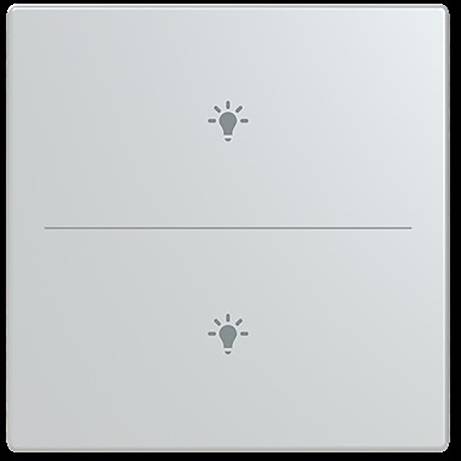 Weiße Lichtschaltertafel mit zwei Abschnitten, jeweils mit einem Glühbirnensymbol, das auf eine doppelte Steuerung für separate Beleuchtungsfunktionen hinweist.