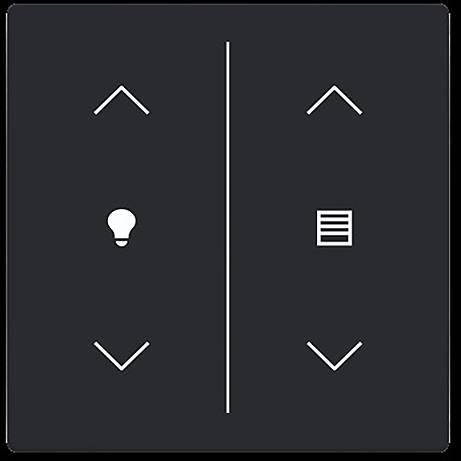 Ein schwarzes Panel mit zwei Spalten von Symbolen: Links ein Glühbirnensymbol mit Pfeilen nach oben/unten, rechts ein Dokumentsymbol mit Pfeilen nach oben/unten.