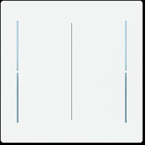 Minimalistisches weißes Paneele mit vertikalen blauen Linien auf beiden Seiten und einer zentralen grauen Linie.