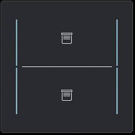 Abstrakte Gestaltung von zwei kleinen, kastenförmigen Formen, die durch dünne vertikale und horizontale Linien auf dunklem Hintergrund verbunden sind.