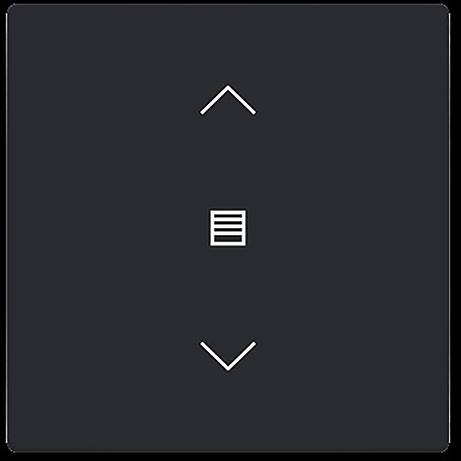 Ein schwarzer Knopf mit Pfeilen, die nach oben und unten zeigen, und einem Menüsymbol in der Mitte, das Scroll- oder Navigationsfunktionen anzeigt.
