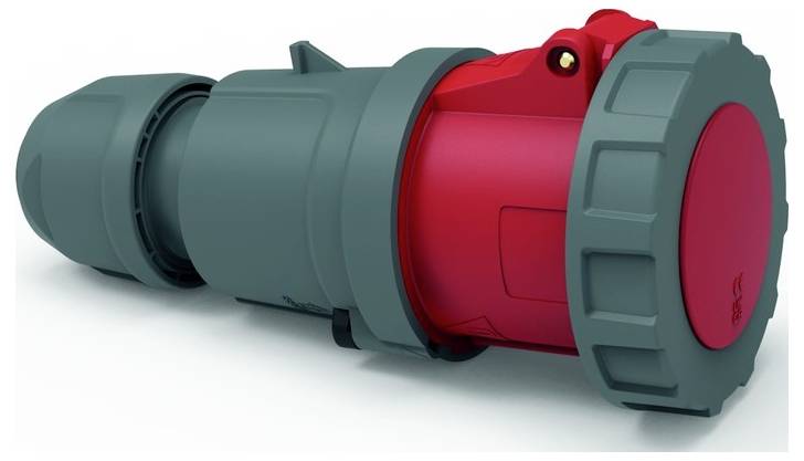 Ein roter und grauer Industrie-Stromstecker mit robustem, zylindrischem Design, geeignet für Hochspannungs-Elektroverbindungen.