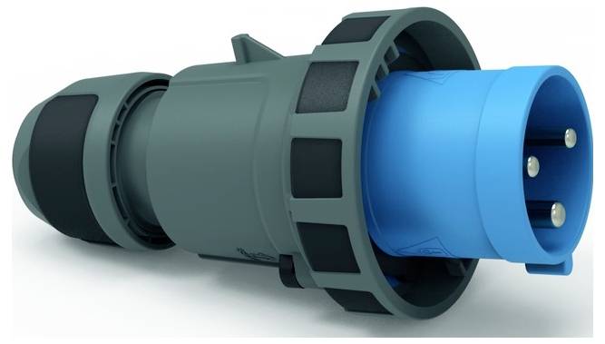 Eine Nahaufnahme eines blauen und grauen industriellen Stromsteckers, der seine drei Stifte und sein robustes, langlebiges Design zeigt.