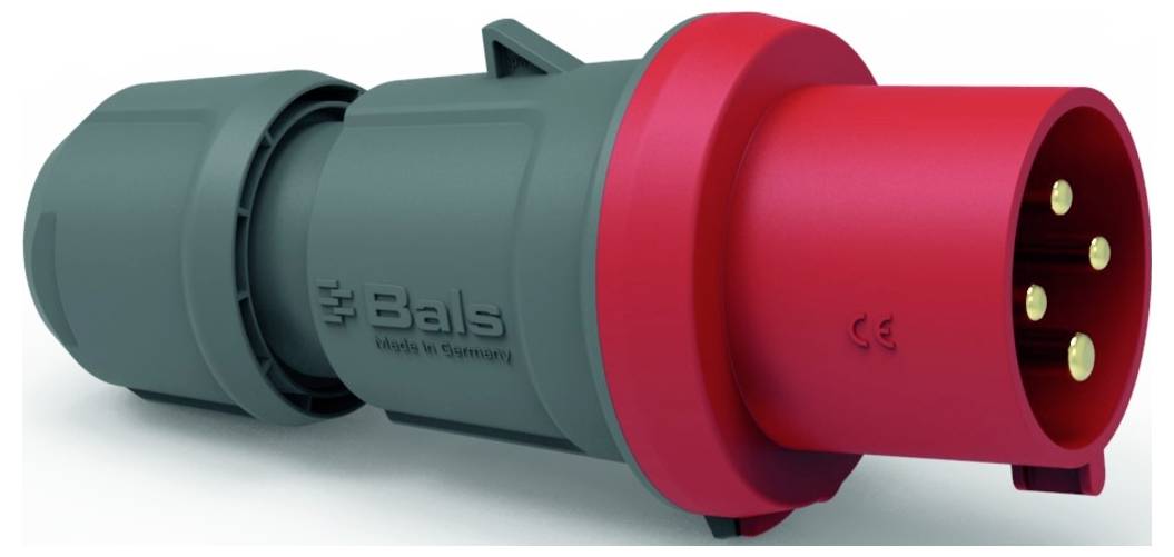 Ein rot-grauer Industriestecker mit drei Stiften, auf dessen Seite das Wort 