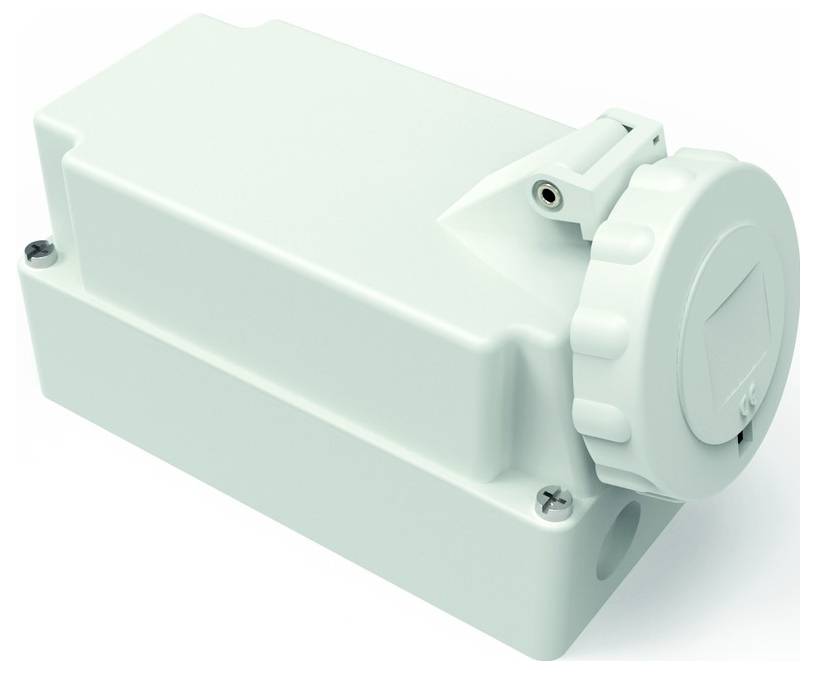 Ein hellgrünes rechteckiges Gehäuse mit einem runden, gerippten Knopf an einem Ende, mit Schrauben gesichert, möglicherweise zur elektrischen oder mechanischen Verwendung.