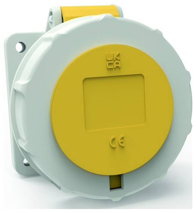 Ein rundes Industriegerät mit gelbem Frontbereich, gekennzeichnet mit „UKCA