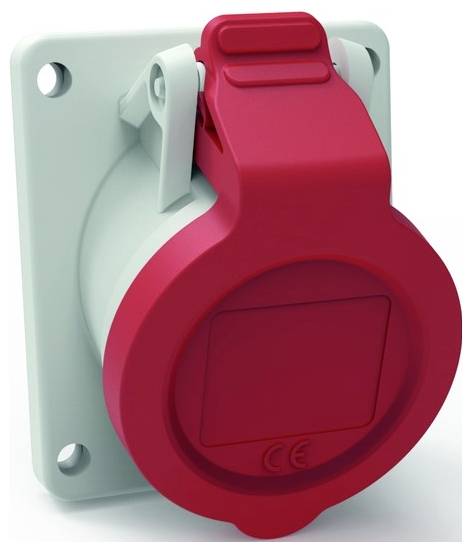 Eine rote und graue Industrie-Steckdose mit einer Schutzabdeckung.