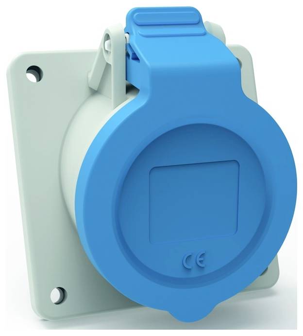 Eine blaue Industrie-Steckdose, die auf einem quadratischen, grauen Schaltfeld mit Schutzkappe montiert ist.