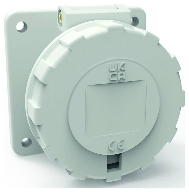 Eine hellgraue, runde, wandmontierte Industrie-Steckdose mit der Aufprägung „WK CA