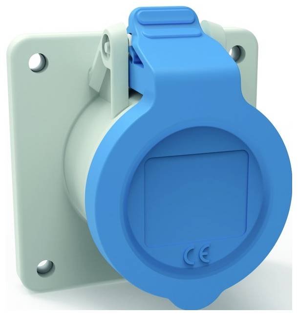 Runde Steckdose mit vier Befestigungslöchern und einer blauen Schutzkappe. Die Kappe ist aufgeklappt. CE-Kennzeichnung ist sichtbar.