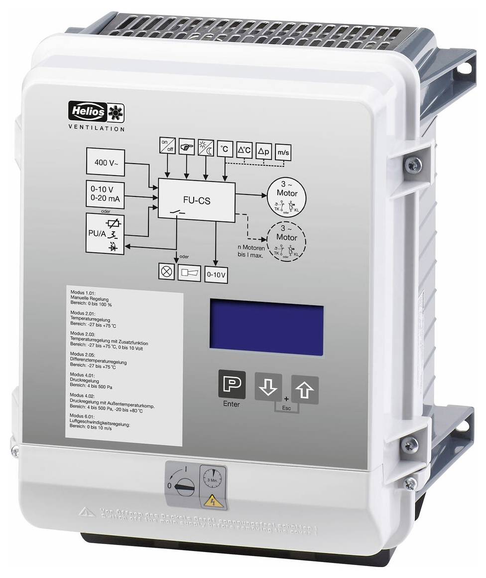Elektrische Steuereinheit mit Anzeige und gekennzeichneten Tasten zur Verwaltung von Motoreinstellungen; enthält Diagramme und technische Spezifikationen.