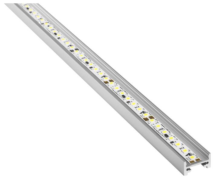 Ein lineares LED-Streifenlicht, das auf einem metallischen Kanal montiert ist und sich für eine gleichmäßige Ausleuchtung in verschiedenen Umgebungen eignet.