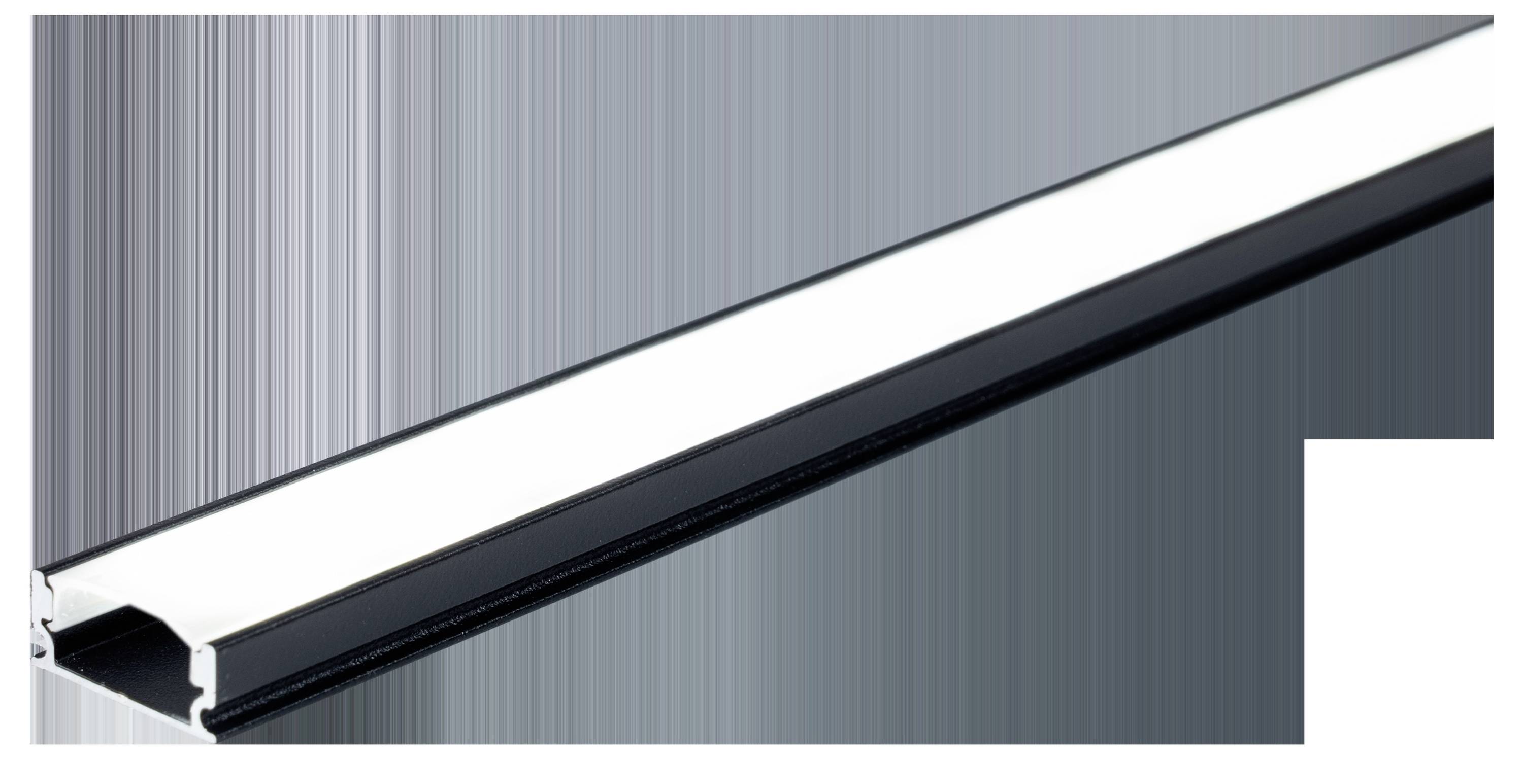 Ein elegantes schwarz-weißes lineares LED-Leuchtenelement, gezeigt in einer Schrägansicht, die sein schlankes Design und seine moderne Oberfläche hervorhebt.