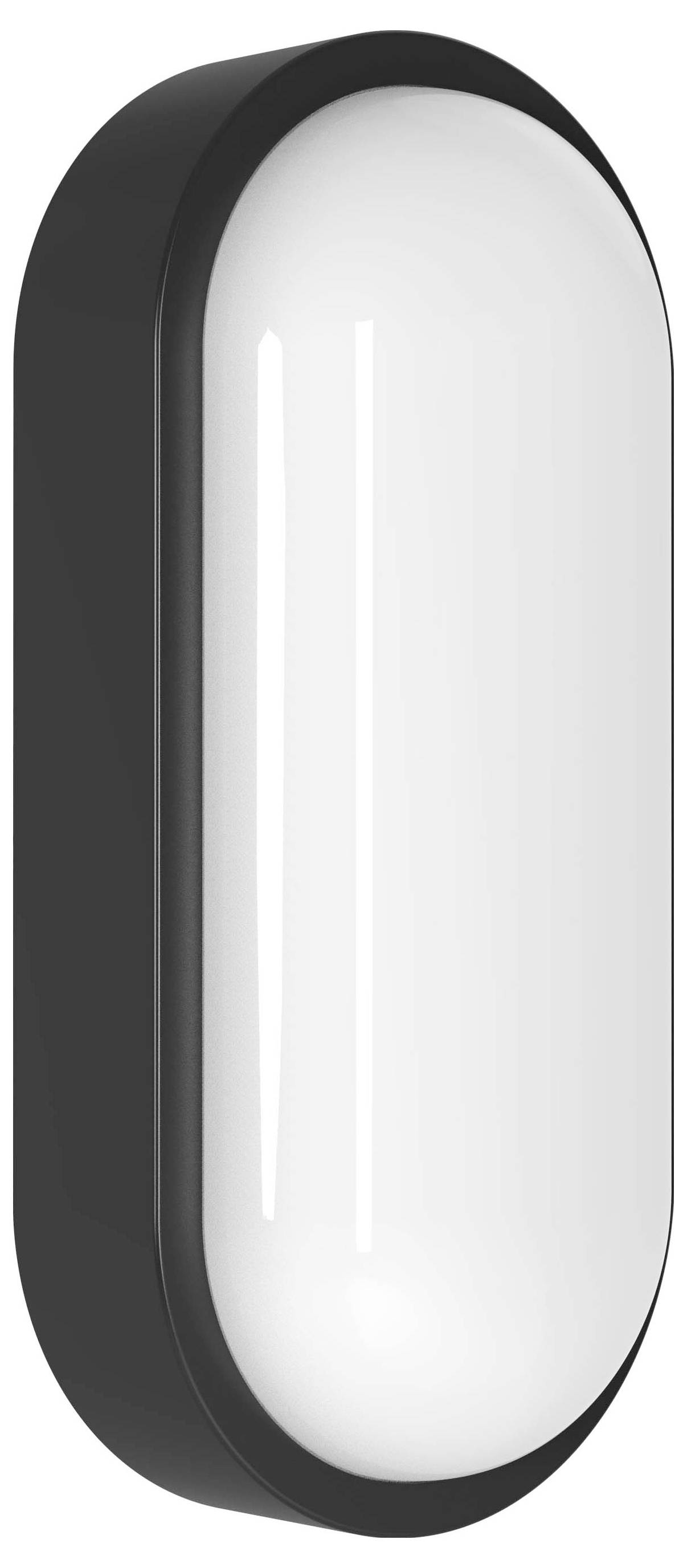 Ein eleganter, moderner Wandleuchter mit schwarzem Rahmen und einem länglichen, mattierten weißen Lichtdiffusor, der ein weiches, stimmungsvolles Licht ausstrahlt.
