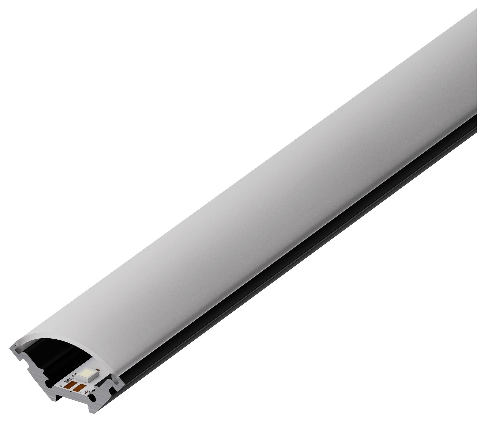 Ein Nahaufnahmebild eines zylindrischen Aluminium-LED-Kanals mit einer glatten, eleganten Oberfläche und einem inneren Kanal zur Aufnahme von LED-Streifen.