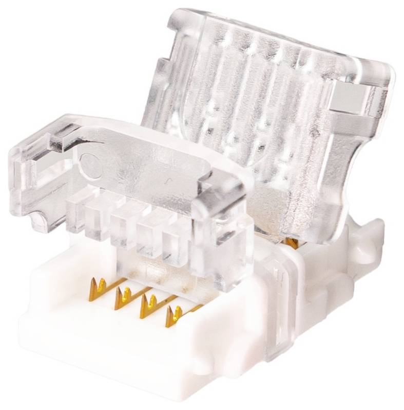 Ein transparenter und weißer RJ45-Stecker mit vergoldeten Kontakten, der für Ethernet-Kabel verwendet wird, mit offener oberer Verriegelung, die die internen Kontakte zeigt.